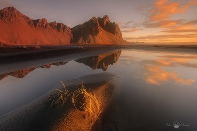 Der Berg Vestrahorn thront über der Halbinsel Stokksnes und spiegelt sich im glänzenden schwarzen Sand.