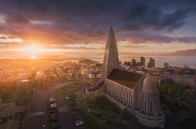 Hallgrímskirkja church awash in the glow of the Midnight Sun of the Icelandic summertime.