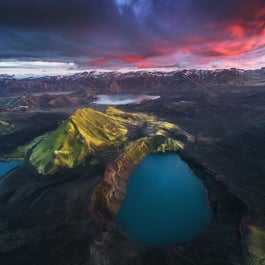 Bláhylur crater is home to a brilliantly blue lake and here you can see its vivd colouration captured at sunset.