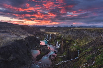 A valley of stunning waterfalls in Iceland.