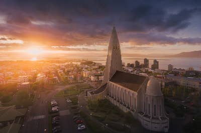 Hallgrímskirkja church is arguably one of the most iconic sights to be seen in the capital Reykjavík; here, you can see it bathed in the warm shades of sunset.