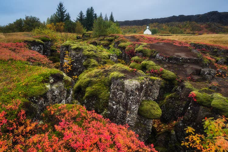 Þingvellir National Park looks brilliant in its warm autumnal shades.