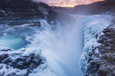 Gullfoss in the wintertime is particularly beautiful adorned with ice and snow.