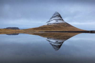 Mount Kirkjufell changes in appearance depending on which perspective you view it from.