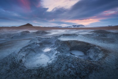 The Lake Mývatn blanketed in snowfall.