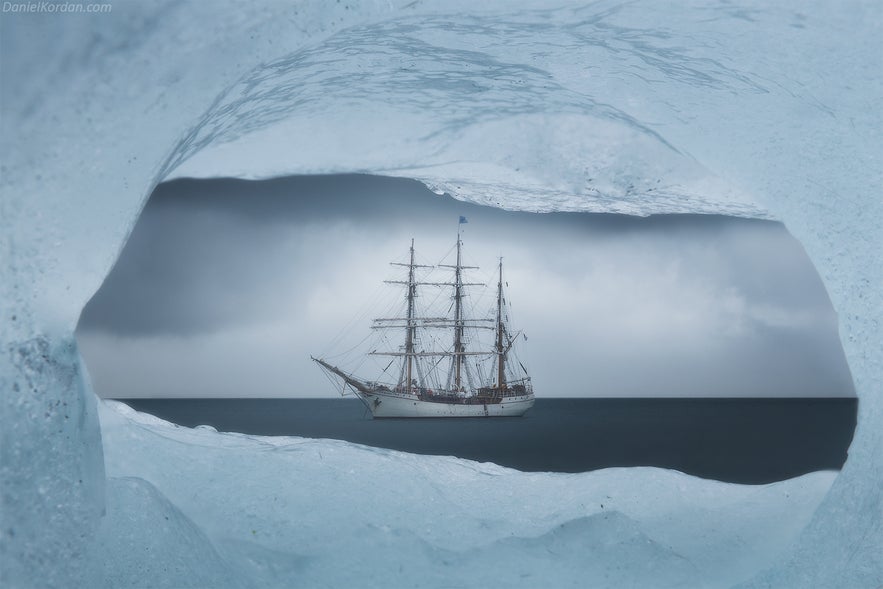 The Greg Mortimer as seen from the shore of Antarctica. The Greg Mortimer as seen from the shore of Antarctica.