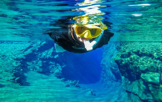 A snorkeller looking to the camera as he swims and explore the Silfra fissure in Þingvellir, Iceland.