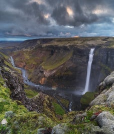 Haifoss, Iceland's third tallest waterfall, falls into a valley near Landmannalaugar.