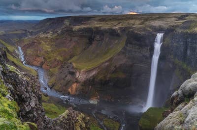 Haifoss, Iceland's third tallest waterfall, falls into a valley near Landmannalaugar.