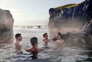 A group of four people relax in the Sky Lagoon on a tour in Iceland.