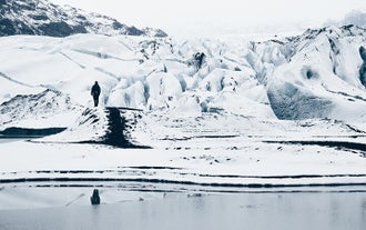 The icy terrain of the South Coast during winter in Iceland.