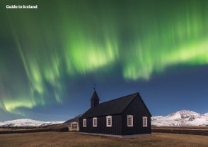 The Budir church is a must-see attraction on the Snaefellsnes Peninsula, and looks incredible with the northern lights overhead.