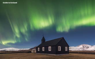 The Budir church is a must-see attraction on the Snaefellsnes Peninsula, and looks incredible with the northern lights overhead.