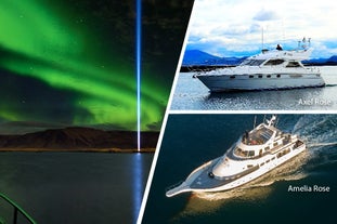 A three-part picture including a view of the Imagine Peace Tower light and the northern lights, and photos of two possible yachts for your northern lights boat cruise.