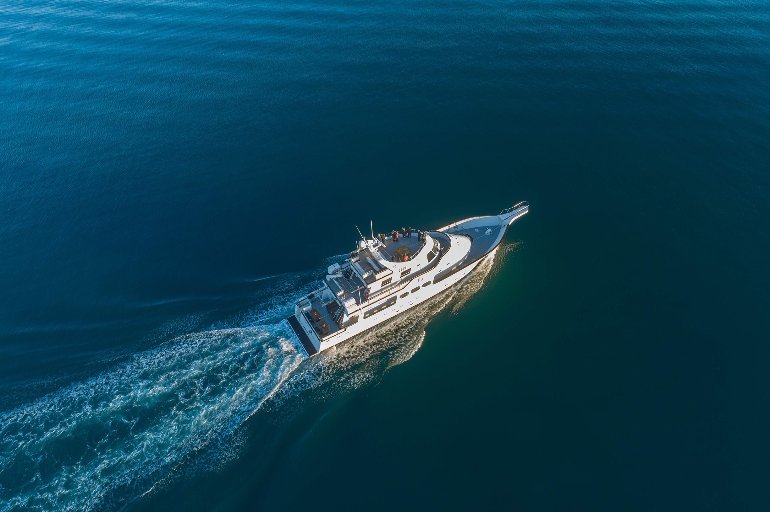An overhead view of a beautiful whale-watching yacht in the ocean near Reykjavik.