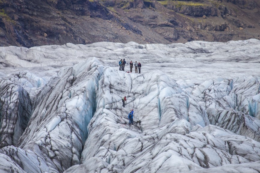 Tour participants explore the vast icy expanse of the Falljokull glacier with an expert guide.