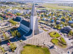 Hallgrimskirkja Church seen from above during summer in Reykjavik.